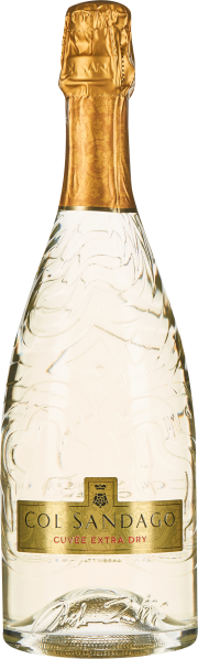 Eine elegante Sektflasche mit goldenem Etikett und kunstvoll strukturierter Glasoberfläche, versiegelt mit einer goldenen Folie am Flaschenhals.