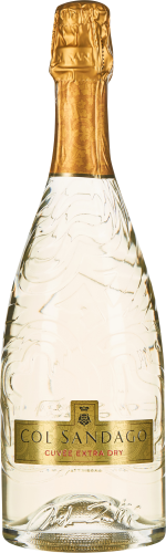 Eine elegante Sektflasche mit goldenem Etikett und kunstvoll strukturierter Glasoberfläche, versiegelt mit einer goldenen Folie am Flaschenhals.