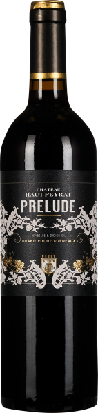 Dunkelgrüne Weinflasche mit einem schwarz-goldenen Etikett und eleganten weißen Verzierungen.