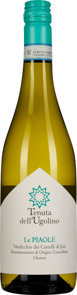 Die Weinflasche hat einen türkisfarbenen Schraubverschluss und ein helles Etikett mit türkisfarbenem Logo und Text. Der Wein ist hellgelb und klar.