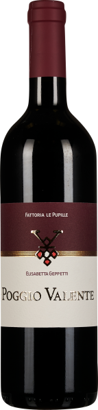 Dunkle Weinflasche mit rotem Etikett und goldenem Akzent, darauf ein weinrotes Logo mit Traubenmotiv. Burgunderfarbener Kapselverschluss.