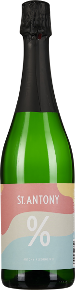 Eine grüne Sektflasche mit schwarzem Folienverschluss. Das Etikett ist in Pastellfarben gestaltet, in Wellenformen, die Rosa, Gelb und Blau kombinieren.