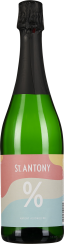 Eine grüne Sektflasche mit schwarzem Folienverschluss. Das Etikett ist in Pastellfarben gestaltet, in Wellenformen, die Rosa, Gelb und Blau kombinieren.