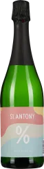 Eine grüne Sektflasche mit schwarzem Folienverschluss. Das Etikett ist in Pastellfarben gestaltet, in Wellenformen, die Rosa, Gelb und Blau kombinieren.