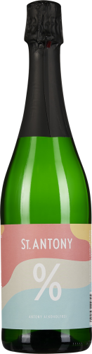 Eine grüne Sektflasche mit schwarzem Folienverschluss. Das Etikett ist in Pastellfarben gestaltet, in Wellenformen, die Rosa, Gelb und Blau kombinieren.