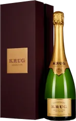 Eine elegante Champagnerflasche mit goldener Folie über dem Korken steht neben einer dunkelroten Geschenkbox. Die Etiketten auf Flasche und Box sind in einem klassischen Design gehalten.