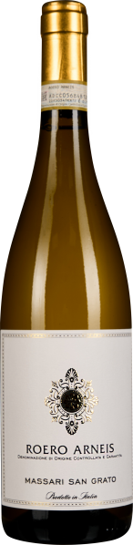 Eine elegante Weinflasche mit hellem Etikett, verziert mit einem kunstvollen Emblem. Die Flasche hat eine klare, goldene Farbe.