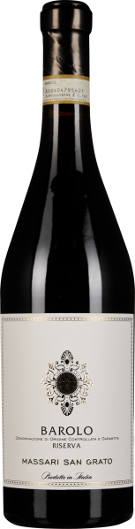 Dunkle Weinflasche mit elegantem metallisch schimmerndem Etikett, dekoriert mit einem filigranen Ornament in der Mitte.