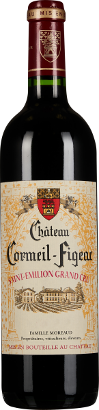 Dunkle Weinflasche mit edlem Etikett, dekoriert mit einer Illustration eines Weinguts und goldenen Details auf cremefarbenem Hintergrund. Der Hals der Flasche ist mit einem roten Siegel versehen.