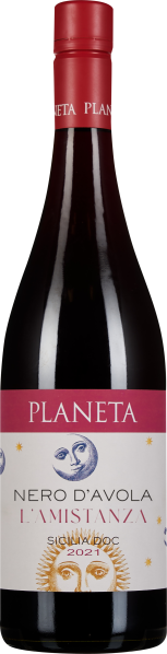 Dunkle Weinflasche mit rotem Schraubverschluss und Etikett in Rot- und Weißtönen, verziert mit grafischen Sonnen- und Mondmotiven.