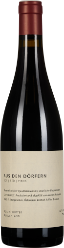 Eine Weinflasche mit rotem Kapselverschluss und schwarzer Flasche. Das Etikett ist cremefarben mit schwarzer Schrift, schlicht gestaltet.