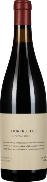 Weinflasche mit dunkelrotem Glas und einer blassgelben Etikette. Der Flaschenhals ist mit einer roten Kapsel verschlossen.