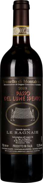 Dunkle Weinflasche mit elegantem Etikett in Schwarz und Gold, darauf Roter Text und ein zentrales ovales Emblem mit einem klassischen Design.