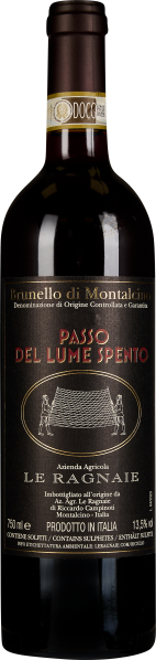 Dunkle Weinflasche mit elegantem Etikett und goldener Banderole.