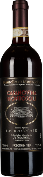 Dunkle, elegante Weinflasche mit schwarzem Etikett und goldenen Details; verziert mit einem stilisierten Bild in der Mitte. Die Kapsel ist dunkel mit einem goldenen Streifen nahe dem Flaschenhals.