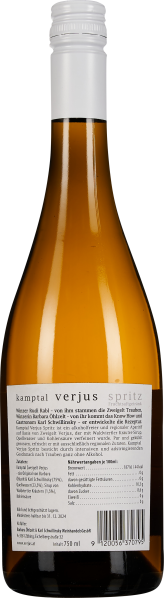 Weißweinflasche mit weißem Schraubverschluss und Etikett auf der Rückseite.