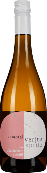 Eine schlanke braune Glasflasche mit weißem Schraubverschluss. Das Etikett ist zweifarbig in Rosa und Weiß gestaltet.