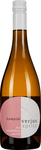 Eine schlanke braune Glasflasche mit weißem Schraubverschluss. Das Etikett ist zweifarbig in Rosa und Weiß gestaltet.