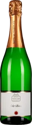 Grüne Sektflasche mit goldenem Folienverschluss und elegantem Etikett.