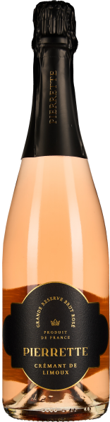 Bild einer Flasche Crémant de Limoux mit einem zart roséfarbenen Schaumwein. Die Flasche hat ein elegantes schwarzes Etikett mit goldener Schrift sowie eine schwarze Folienkapsel am Flaschenhals.