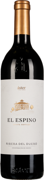 Schlanke Weinflasche mit dunklem Glas und goldener Kapsel. Etikett in Weiß mit stilisierter goldener Zeichnung und schwarzer Schrift.