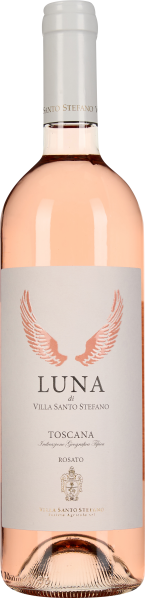 Flasche eines Roséweins mit zart rosafarbener Flüssigkeit. Die Etikettenfarbe ist dezent grau mit grafischen orangenen Flügeln. Der Verschluss ist weiß gestaltet. Das Gesamtbild wirkt elegant und ansprechend.