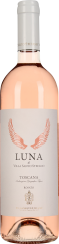 Flasche eines Roséweins mit zart rosafarbener Flüssigkeit. Die Etikettenfarbe ist dezent grau mit grafischen orangenen Flügeln. Der Verschluss ist weiß gestaltet. Das Gesamtbild wirkt elegant und ansprechend.
