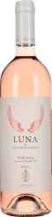 Flasche eines Roséweins mit zart rosafarbener Flüssigkeit. Die Etikettenfarbe ist dezent grau mit grafischen orangenen Flügeln. Der Verschluss ist weiß gestaltet. Das Gesamtbild wirkt elegant und ansprechend.