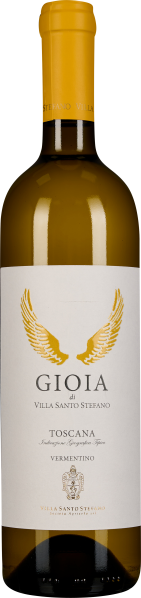 Eine Weißweinflasche mit gelbem Verschluss und elegantem Etikett, das goldene Flügelmotive zeigt. Der Flaschenkörper ist transparent und lässt den hellen Wein sichtbar werden.