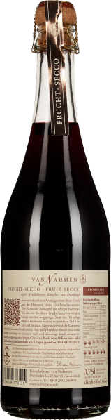 Dunkelrote alkoholfreie Frucht-Secco-Flasche mit Korkverschluss und elegantem Etikett.