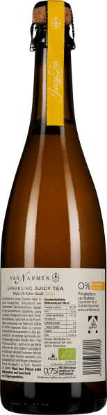 Hohe, braune Glasflasche mit gelbem Etikett und Korkenverschluss.