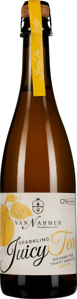 Braune Glasflasche mit Korkverschluss und gelbem Etikett auf dem Hals, darunter ein großes Etikett in Weiß mit schwarzem und gelbem Text, dekoriert mit einem subtilen grafischen Obstmotiv.