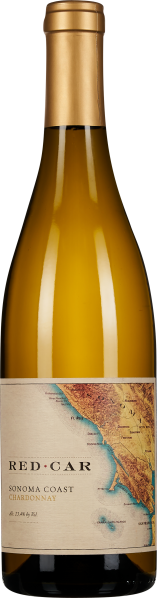 Flasche Weißwein mit goldener Kapsel und einem Etikett, das eine detaillierte Karte zeigt. Die Flasche hat einen klaren, eleganten Look.