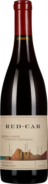 Bordeauxfarbene Weinflasche mit rotem Verschluss. Das Etikett zeigt eine stilisierte Landschaftsgrafik in warmen Erdtönen.