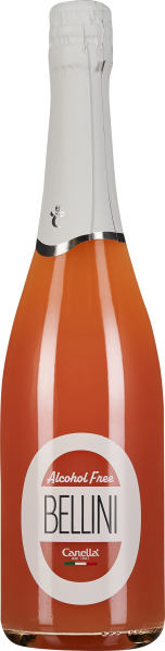 Flasche mit trübem, pfirsichfarbenem Inhalt und silberner Verschlusskappe. Das Etikett zeigt ein schlichtes Design mit einem großen Kreis, der die bauchige Flaschenform betont.