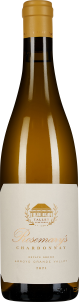 Eine Weinflasche mit schmalem Flaschenhals und goldenem Verschluss. Der Flaschenkörper ist in einem klaren, glänzenden Glas gehalten, welches den blassgelben Wein sichtbar macht. Ein schlichtes, elegantes Etikett in Cremeweiß bedeckt den unteren Teil der