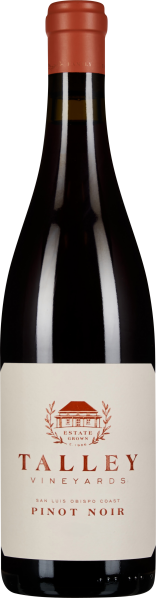 Eine schlanke Weinflasche mit rotem Kapselverschluss und einer cremefarbenen Etikette, darauf ein stilisiertes Weingut in Rot abgebildet.