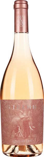 Bild einer Weinflasche mit roséfarbenem Inhalt. Die Flasche hat ein mattes, roségoldenes Etikett mit einem Elefantendesign und dezenter Prägung. Der Verschluss ist ebenfalls in Roségold gehalten.
