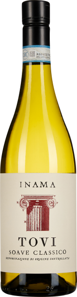 Eine schlanke, transparente Weinflasche mit gelblichem Weißwein, schwarzem Flaschenhals und einem Etikett mit antiker Säulengrafik.