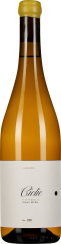 Die Weinflasche zeigt einen klaren, bernsteinfarbenen Wein mit einem dezenten weißen Etikett und einem gelben Flaschenverschluss.