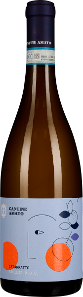 Eine elegante Weinflasche mit dunkelblauem Hals und modernem, hellblauem Etikett mit abstraktem Design, das stilisierte Kreise und Linien in Orange und Dunkelblau zeigt.