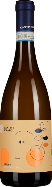 Flasche mit schlichtem, modernem Etikett, das stilisierte Formen in Orange und Dunkelblau zeigt. Sie hat eine elegante, schlanke Form mit einem dunkelblauen Hals.