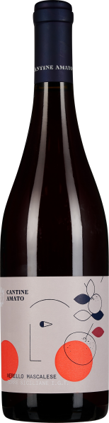 Dunkelbraune Weinflasche mit stilisiertem Etikett in Orange, Blau und Schwarz.