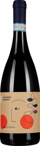 Dunkle Weinflasche mit modernem Etikett; stilisiertes Gesicht und rote Kreise auf beigem Hintergrund, dunkelblauer Flaschenhals.