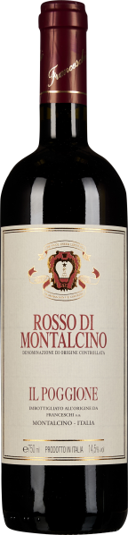 Eine Flasche Rotwein mit dunkelroter Flüssigkeit, elegantem Etikett in Cremefarben und Rot mit einem Wappen und goldenen Akzenten. Der Flaschenhals ist mit einer roten Kapsel abgedeckt.