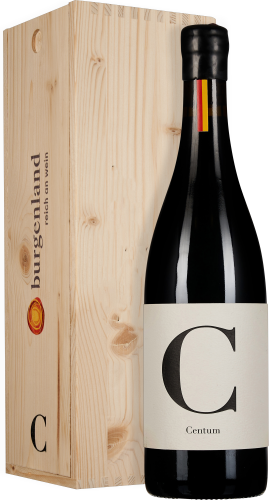 Dunkle Weinflasche mit schlichtem, elegantem Etikett, das einen großen Buchstaben zeigt. Neben der Flasche steht eine helle Holzkiste mit natürlicher Maserung.