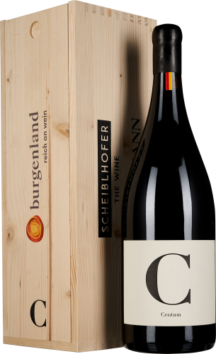 Große Weinflasche mit schlichtem, elegantem Etikett vor einer rustikalen Holzkiste.