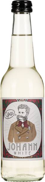 Klare Glasflasche mit weißem Wein, schraubverschluss; bunter, künstlerischer Aufkleber mit gezeichnetem, historisch gekleideten Charakter und dekorativen Mustern.