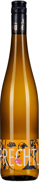 Die Weinflasche hat eine goldene, reflektierende Farbe mit einem modernen Etikett in Orange und Schwarz, das stilisierte Gesichtszüge zeigt. Der Flaschenhals ist mit einer dunkelblauen Kapsel verschlossen.