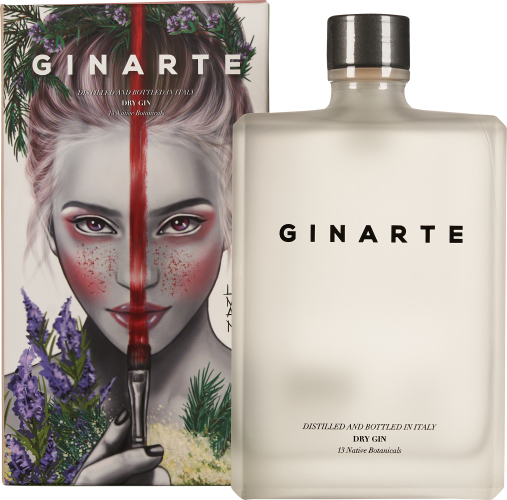 Flasche und Verpackung mit kunstvollem Design: Die Flasche hat eine minimalistische, matte Oberfläche mit schwarzem Schriftzug, die Verpackung zeigt ein kreatives Porträt einer Frau mit floralen Elementen und einem vertikalen, roten Pinselstrich.